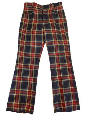 Vtg 70s Smartair Plaid Flared Pants Trousers Black Stewart Tartan Red Blue Retro